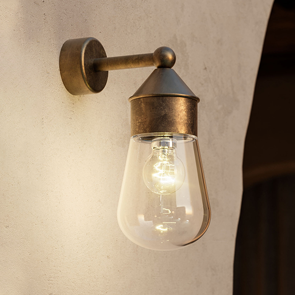 Brass & Transparent Glass DROP Mini Outdoor Wall Lamp (LED, Non